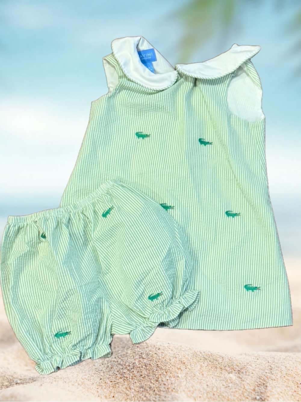 Smocked Gator Two-Piece Set Green Striped